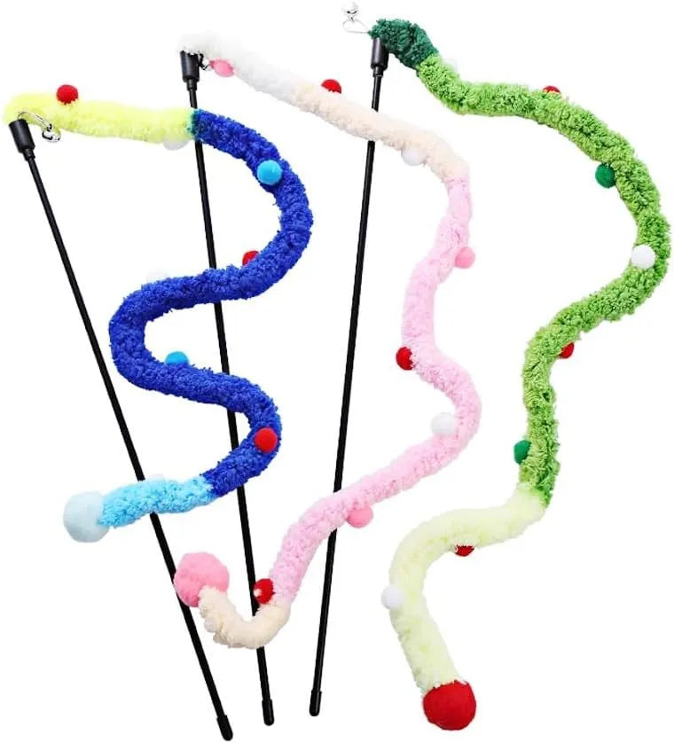 41cm cat wand toy with 60cm plush strip, colourful fluffy ball and bell for interactive play