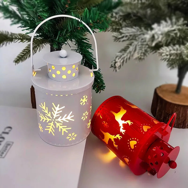 Nordic style Christmas candle light lantern with wrought iron frame and LED bulb