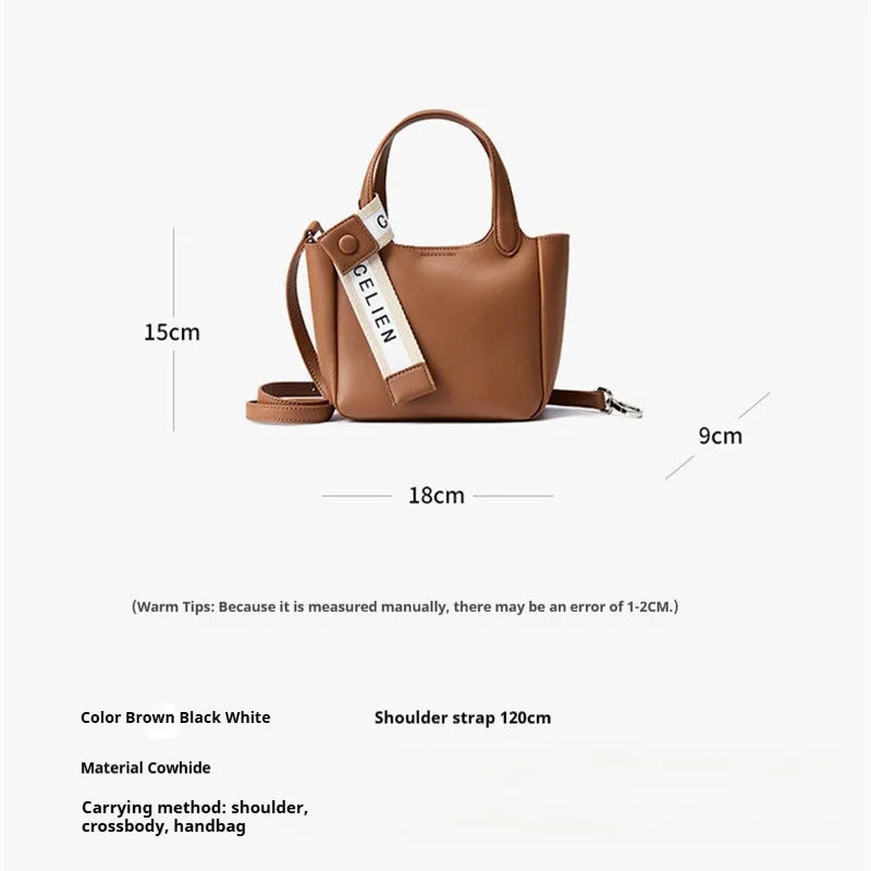 Brown genuine cattlehide leather cross body bucket bag with retro style and single shoulder strap