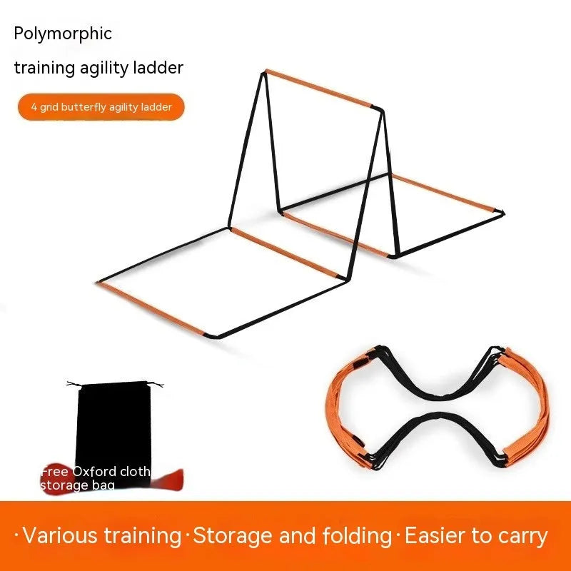 Plastic butterfly agility ladder and jump grid set for youth athletic training on a flat surface.