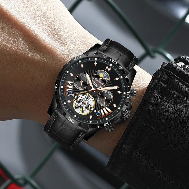 Men's automatic mechanical watch with hollowed-out dial, silver case, green circle, and black leather strap