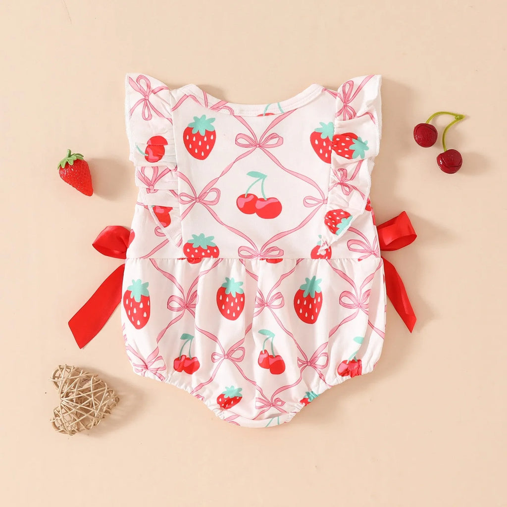 Baby girls summer romper in red knitted polyester, sleeveless triangle jumpsuit with hidden hook closure