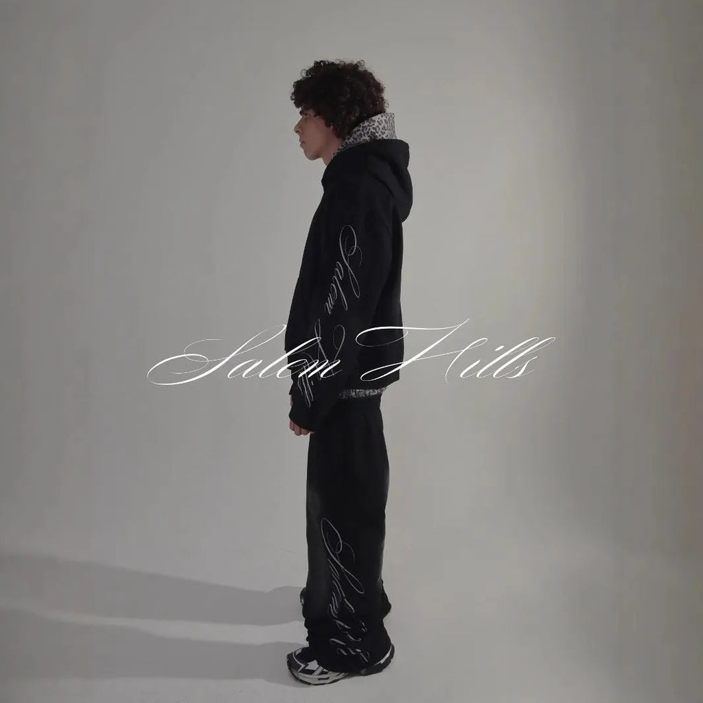 Men's black punk print hoodie tracksuit set with long sleeves and fleece lining