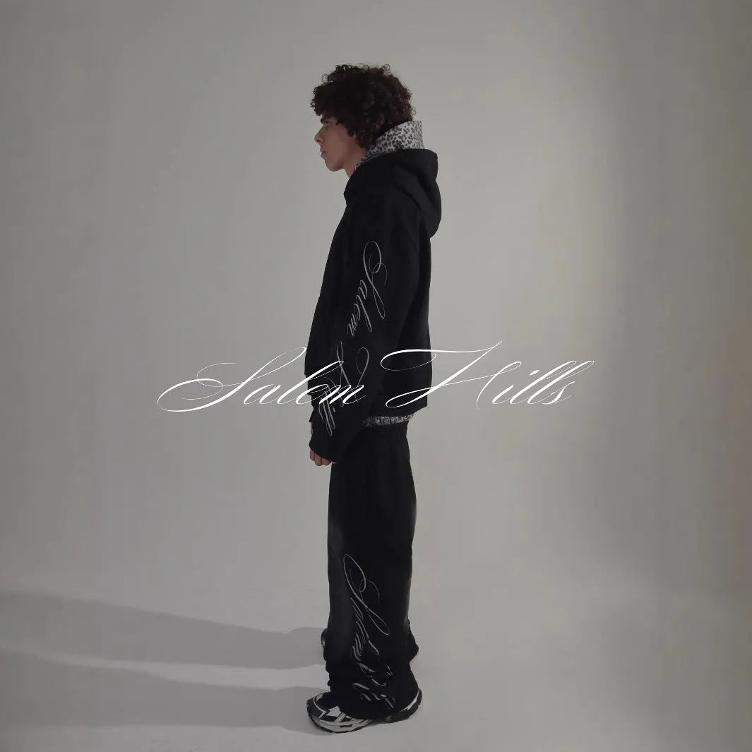 Men's black punk print hoodie tracksuit set with long sleeves and fleece lining
