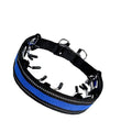 Stimulation dog training collar with prongs, nylon cover, and reflective strip in various colours and sizes.