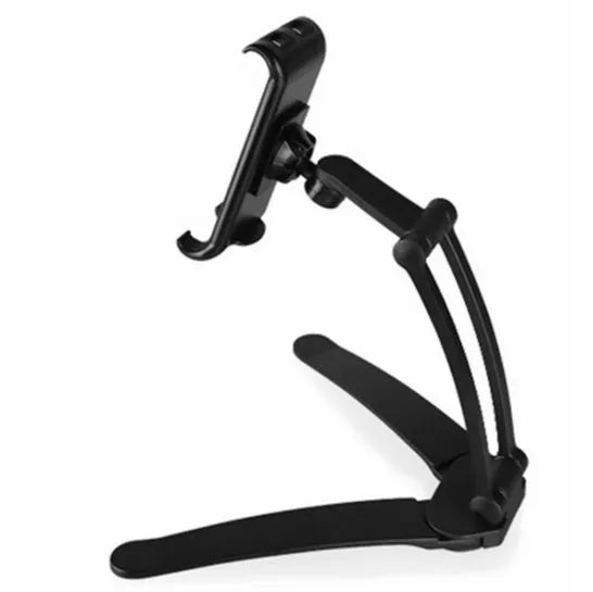 Silver aluminium desktop stand holding a tablet, showing 360-degree rotation and adjustable clamp mechanism.