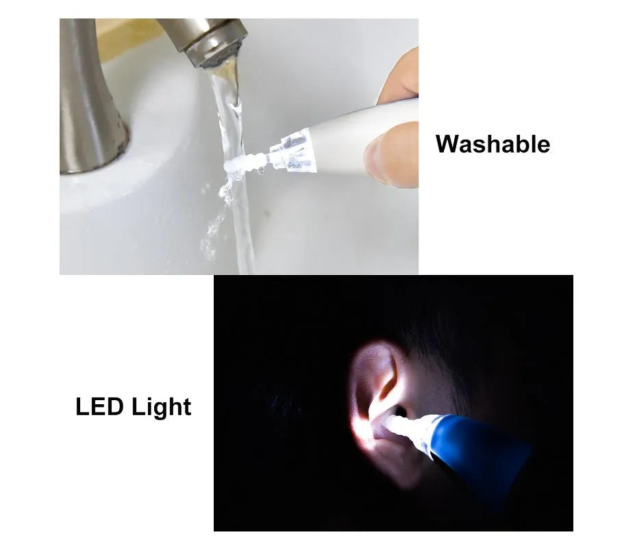Rotating earwax vacuum cleaner with spiral silicone head, blue, with LED light and multiple attachments