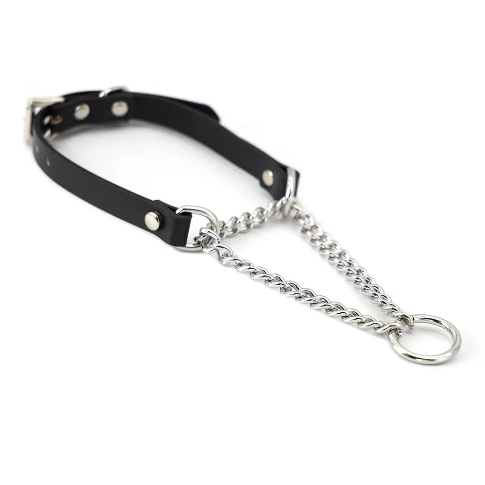 Black leather bondage collar and leash set with hand grip rope section
