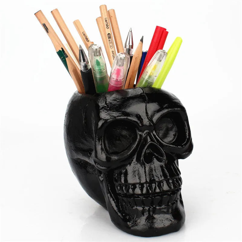 Black skull head resin storage tube with open top, 350ml capacity, for beauty tools or stationery