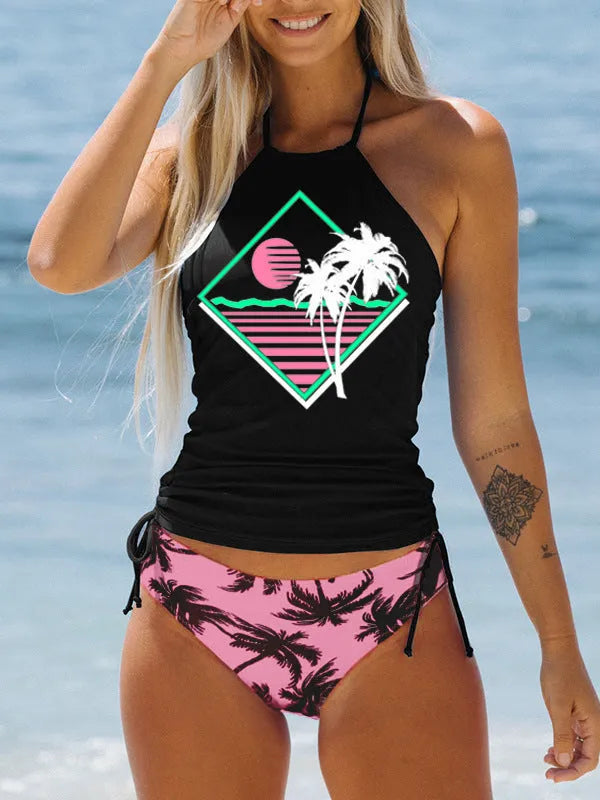 Conservative printed bikini swimsuit for women with colourful pattern and split design