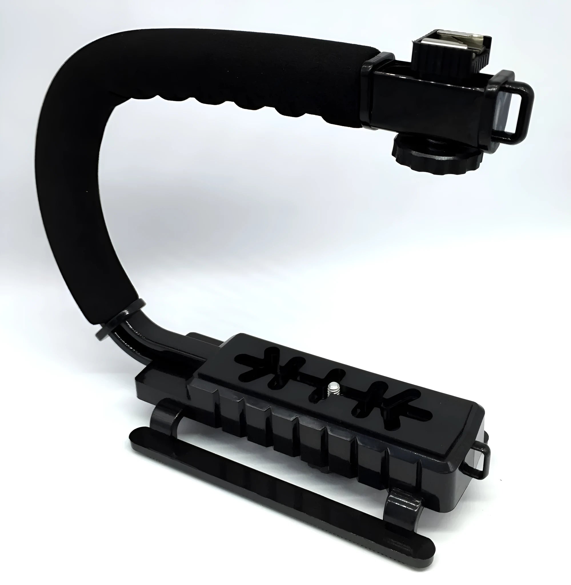 C-type handheld camera stabiliser bracket for DSLR cameras with plastic construction and sponge elements