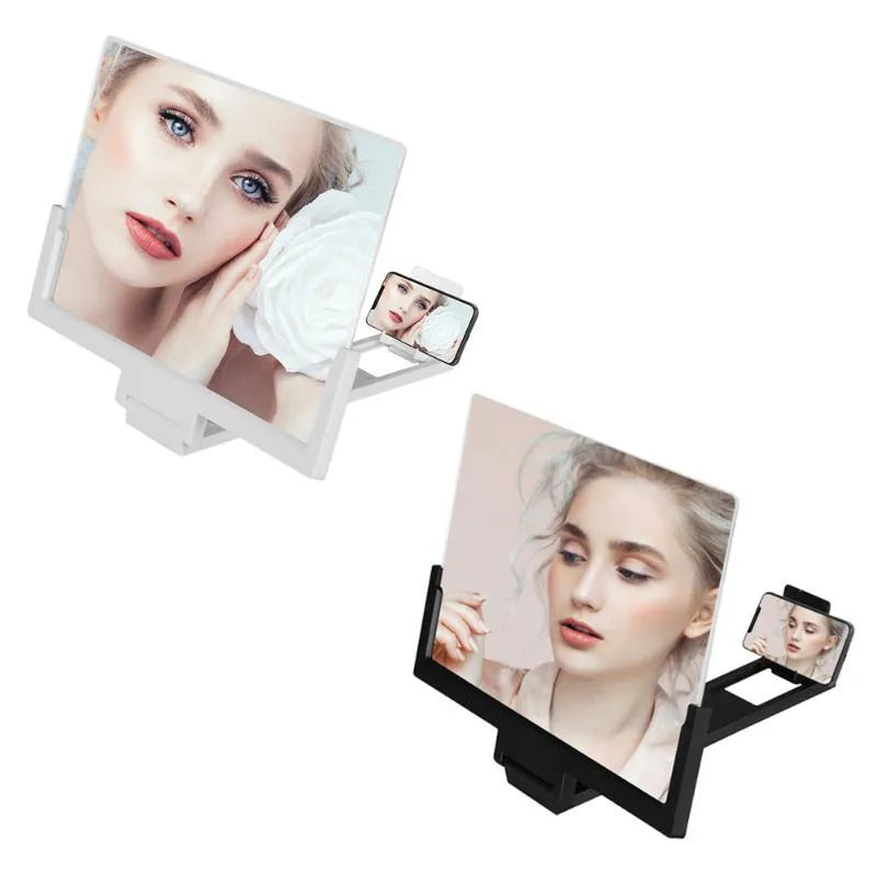 A black magnifying mobile phone stand holding a smartphone, showing the enlarged screen through the acrylic lens.