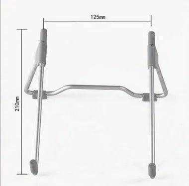 Space grey aluminium alloy adjustable stand holding a mobile phone and a laptop on a desk.