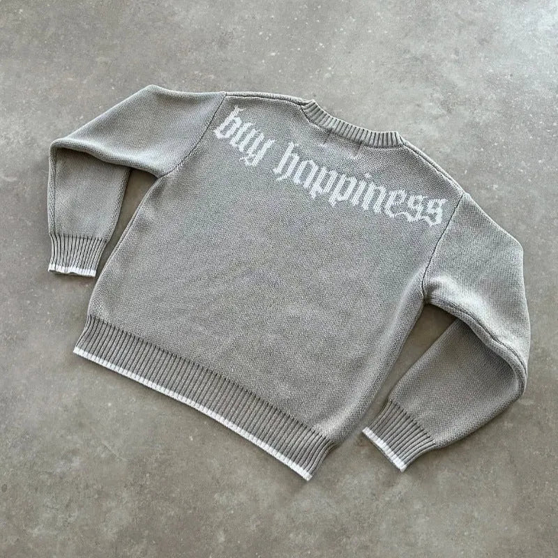 Grey loose-fit jacquard knit coat with long sleeves for autumn and winter.