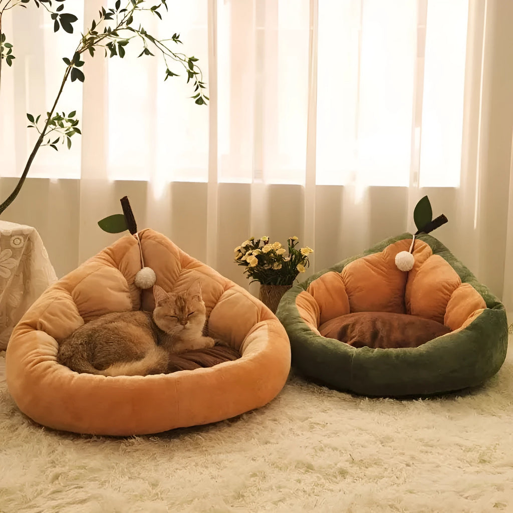 Green cotton pet bed with a plush raised rim for a cat or small dog.