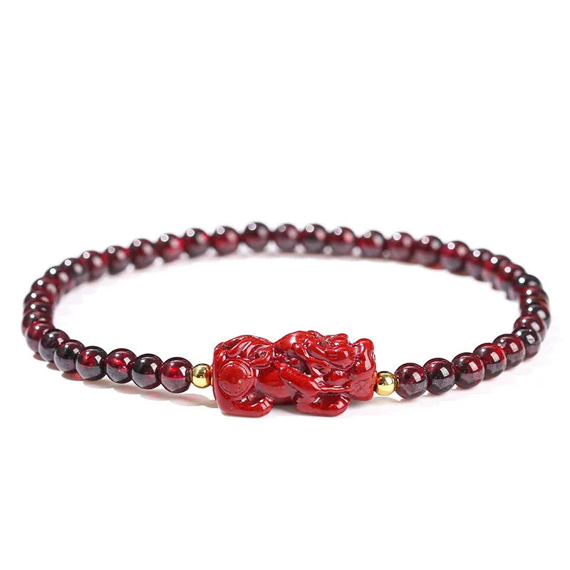 Natural garnet square bracelet with geometric design and pixiu charm detail