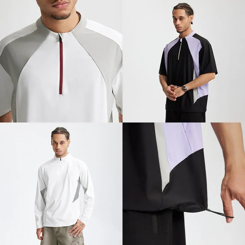 Men's black and beige polyester tops with stitching detail in long and short sleeve versions