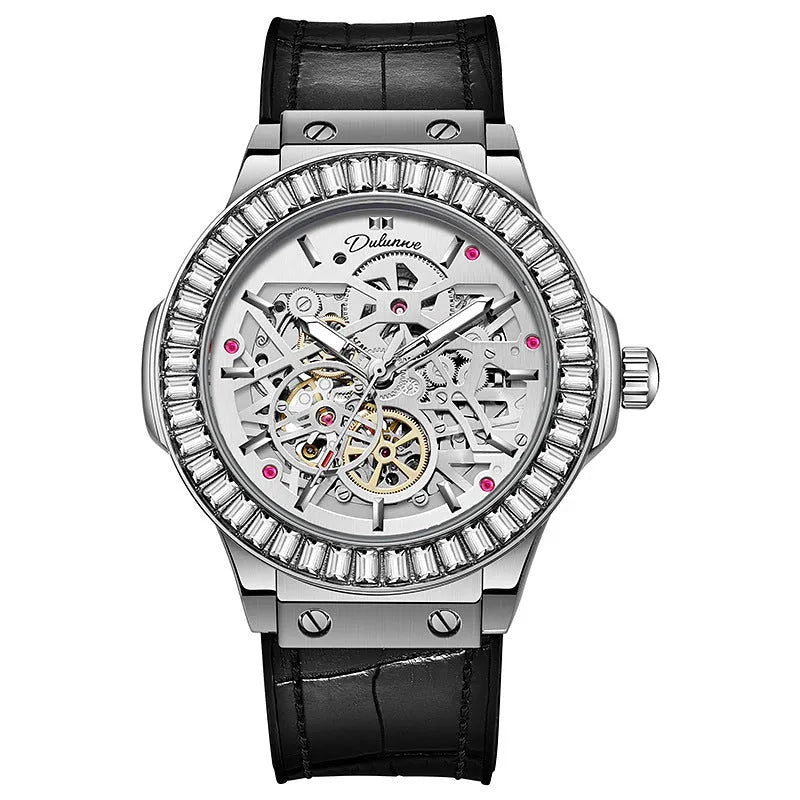 Men's automatic skeleton watch with diamond accents on a white metal case and strap.