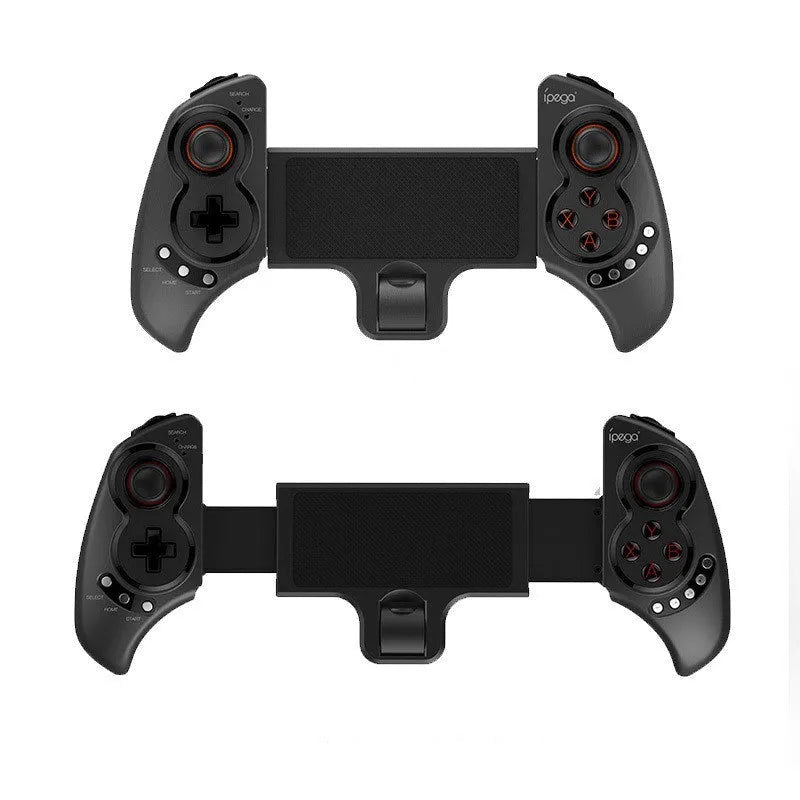 Wireless telescopic game controller extended to hold a mobile phone, showing USB port and buttons.