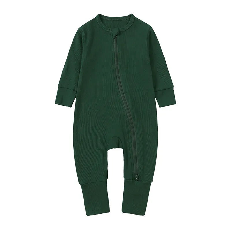 Newborn baby romper in solid colour rib fabric with zip-up closure and long sleeves, bamboo-fibre blend