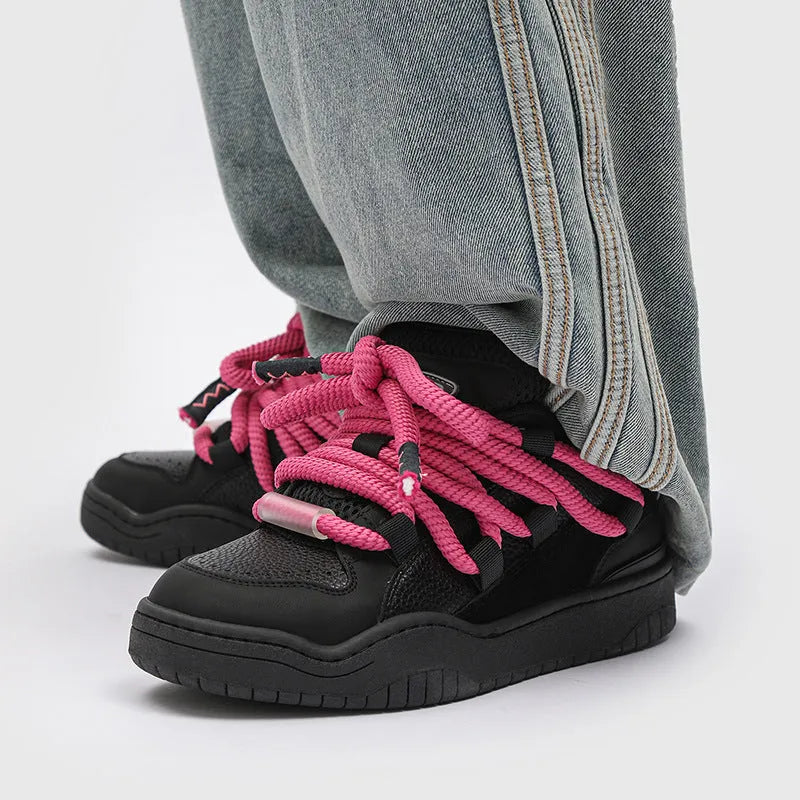 Unisex lace-up casual shoes with a thick rubber sole and mesh lining in denim blue.