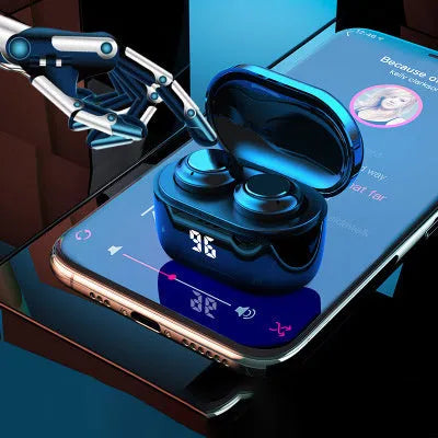Black stereo Bluetooth wireless earbuds with earplug design for hands-free calls and music.