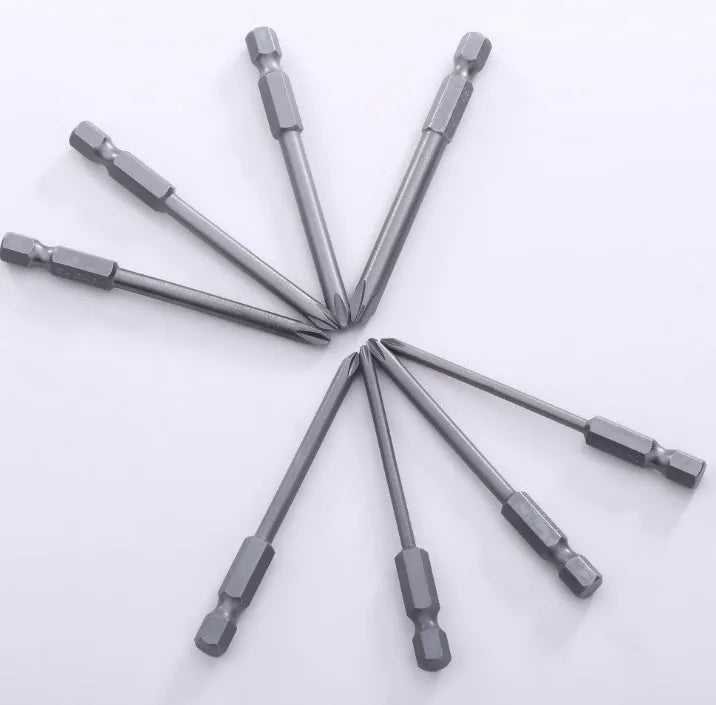 JAPAN SEALS set of eight long 75mm magnetic Phillips screwdriver bits on a white background