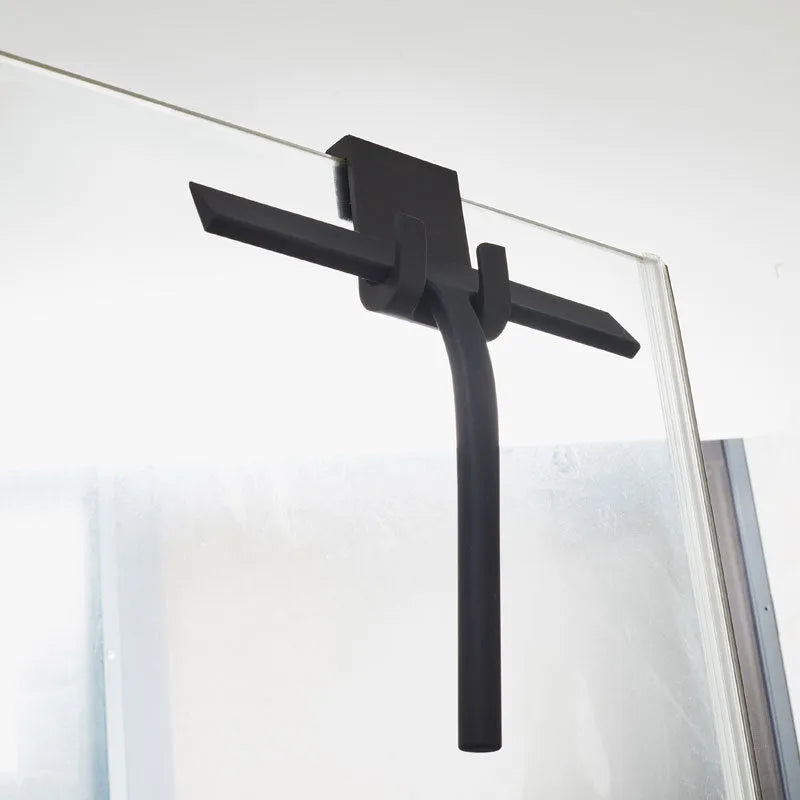 Silicone glass wiper with hook, 22.8cm scraper length, black colour, on a shower screen edge