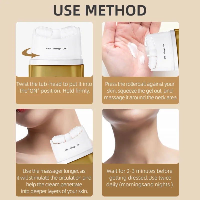 Neck cream tube with integrated roller massage applicator for dry skin hydration