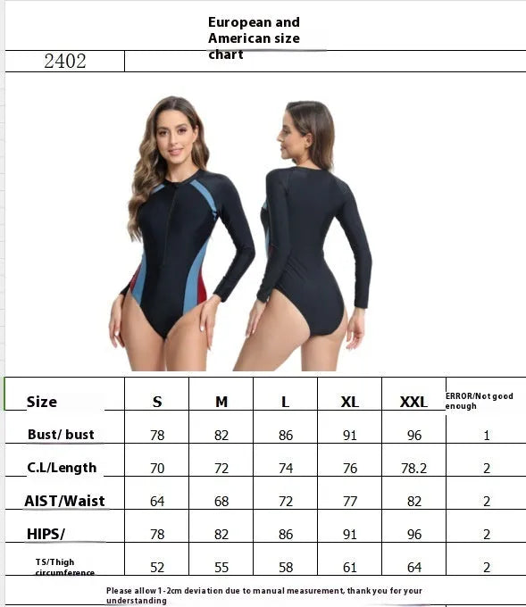Blue and red long sleeve one-piece swimsuit for racing training.