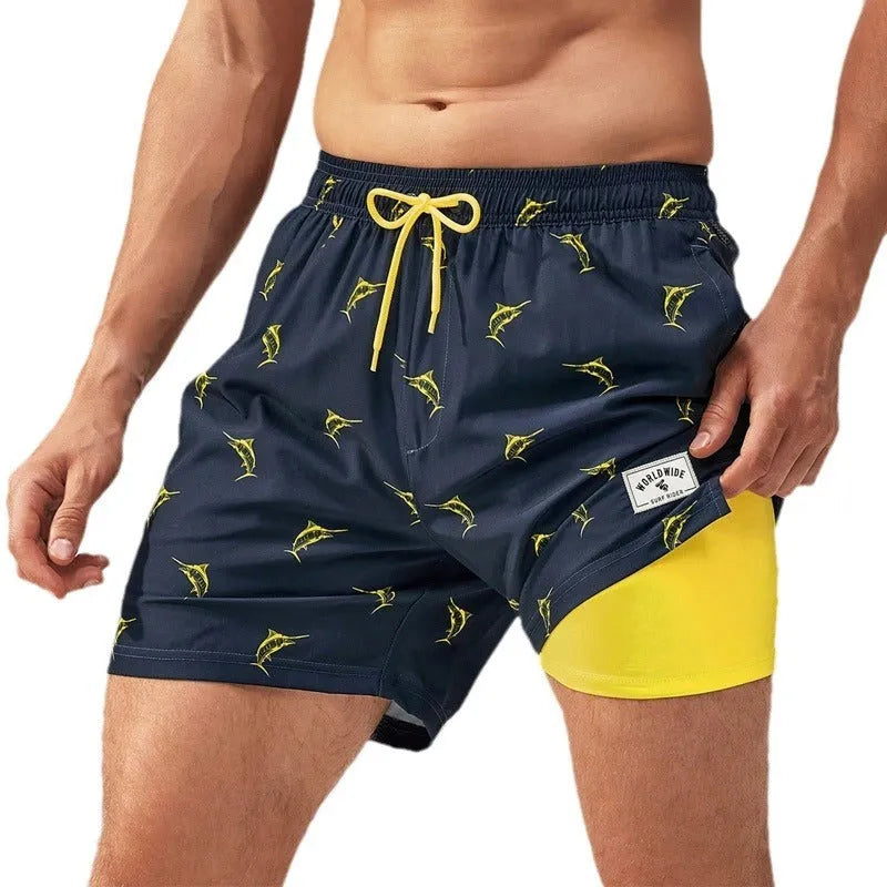 Men's loose quick-drying swimming trunks in various colour patterns with micro elastic spandex fabric