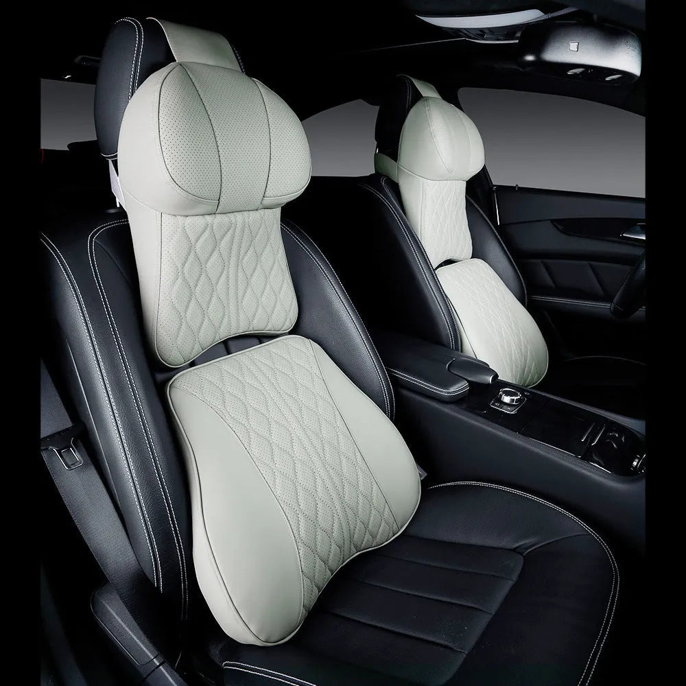 Car neck pillow and lumbar support set with wavy pattern embroidery on leather-look finish