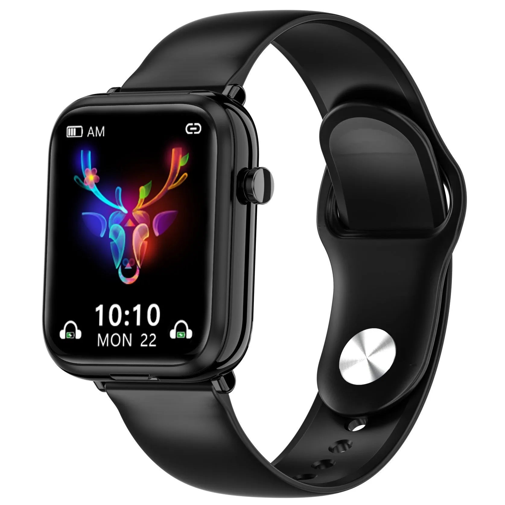 Black smartwatch with integrated Bluetooth earpieces, showing a 1.69-inch touchscreen display.
