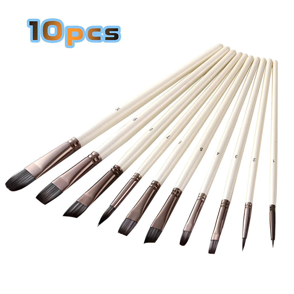 Set of ten pearl white nylon watercolour brushes with wood handles on a table.