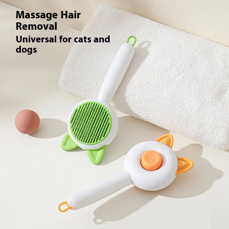 Self-cleaning cat grooming comb with stainless steel pins in greenish white colour