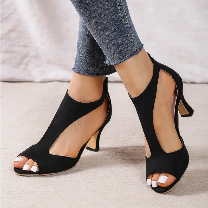 Women's high heel fish beak sandals with back zipper, cloth upper, available in multiple colours