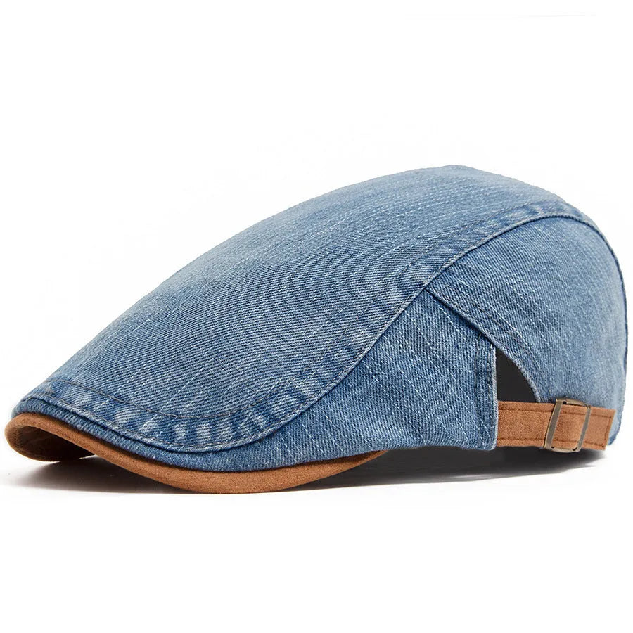 Retro men's cotton beret with dome crown in black, adjustable size