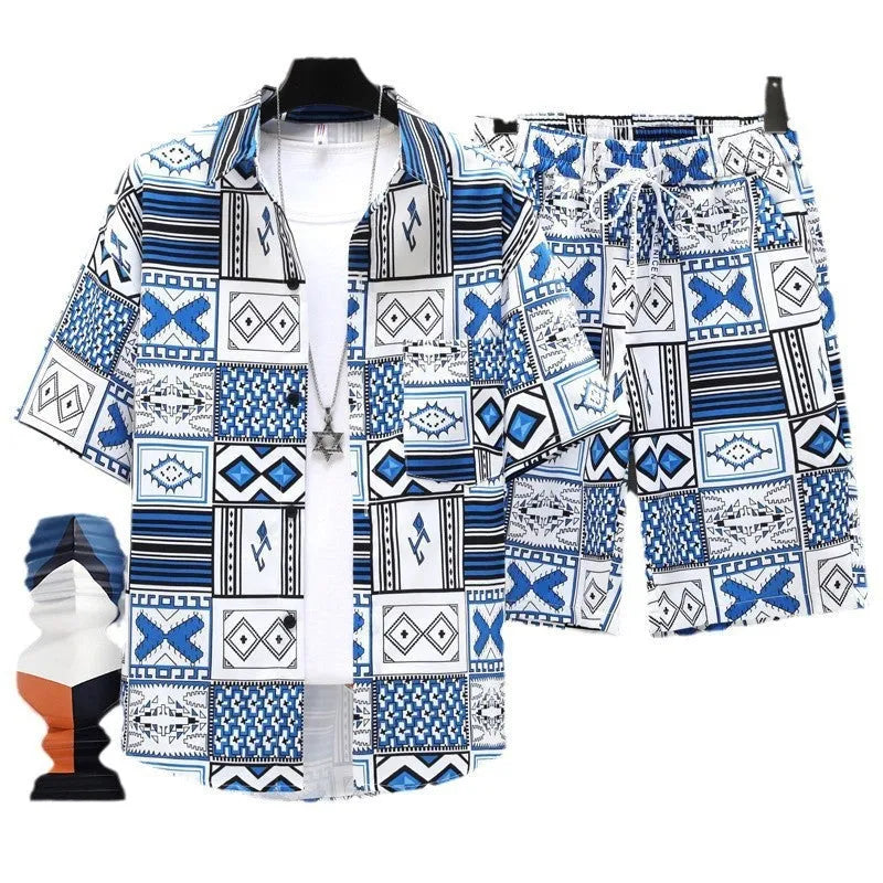Men's casual polyester sports set with short sleeve top and matching shorts on a manikin.