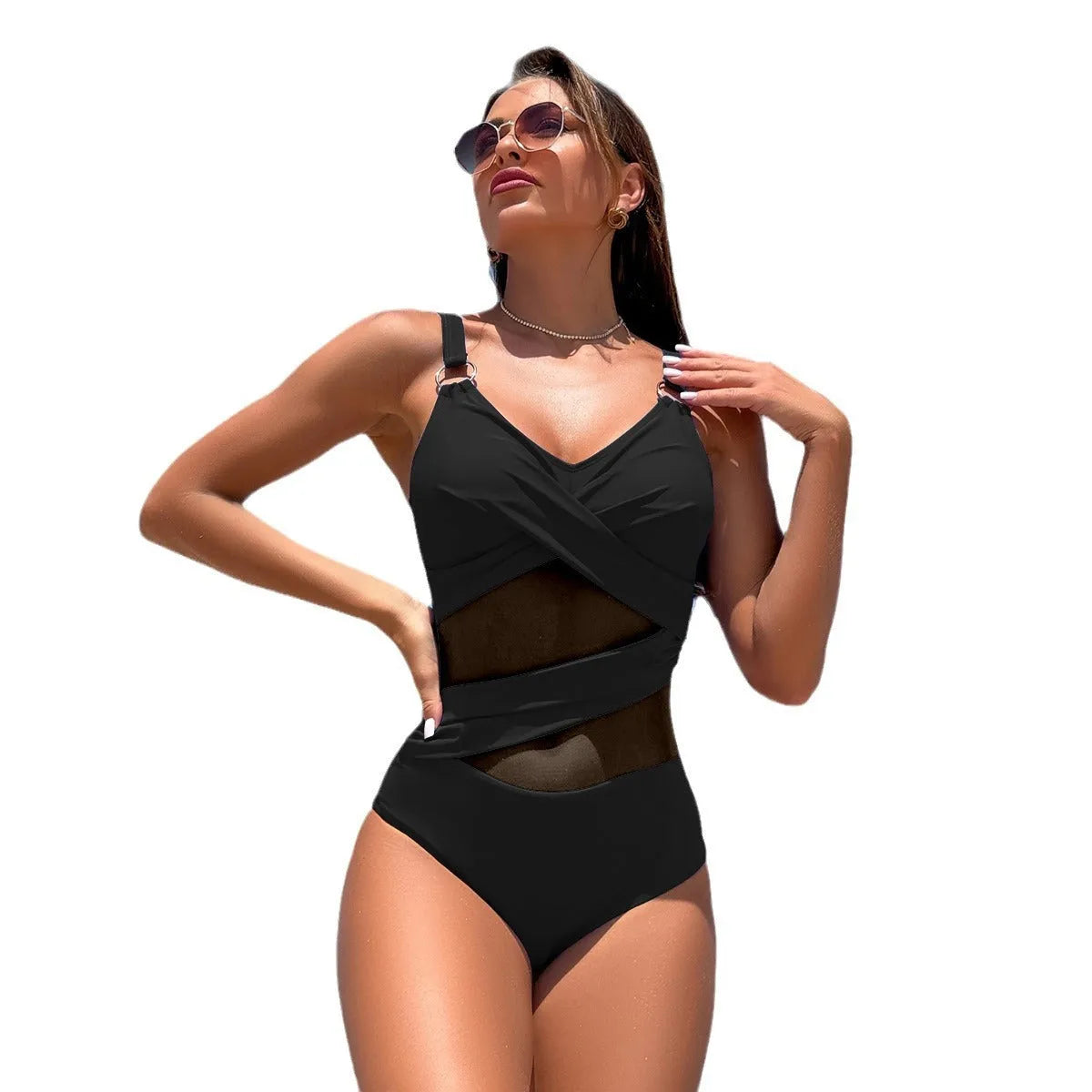 Women's solid colour one-piece swimsuit in quick-dry nylon spandex fabric