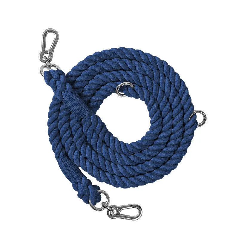 Woven rainbow coloured dog leash with clips at both ends, shown in a choice of colours with silver or gold fittings.