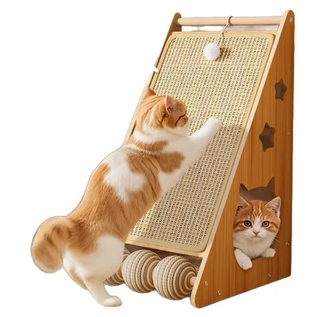 Vertical wall-mounted cat scratch board with sisal fabric and a hanging hemp rope teasing ball.