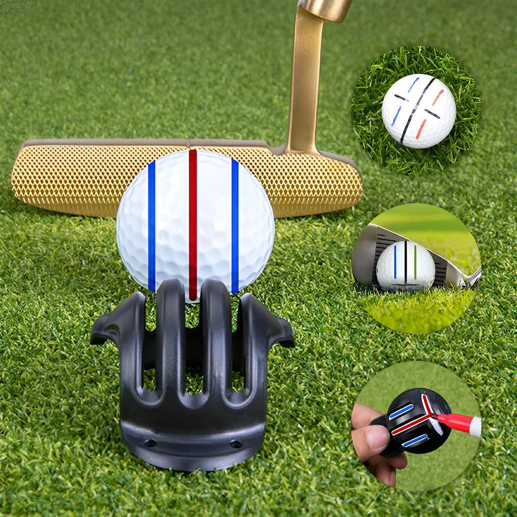 Plastic golf ball alignment scriber tool with drawing pen on a green putting surface