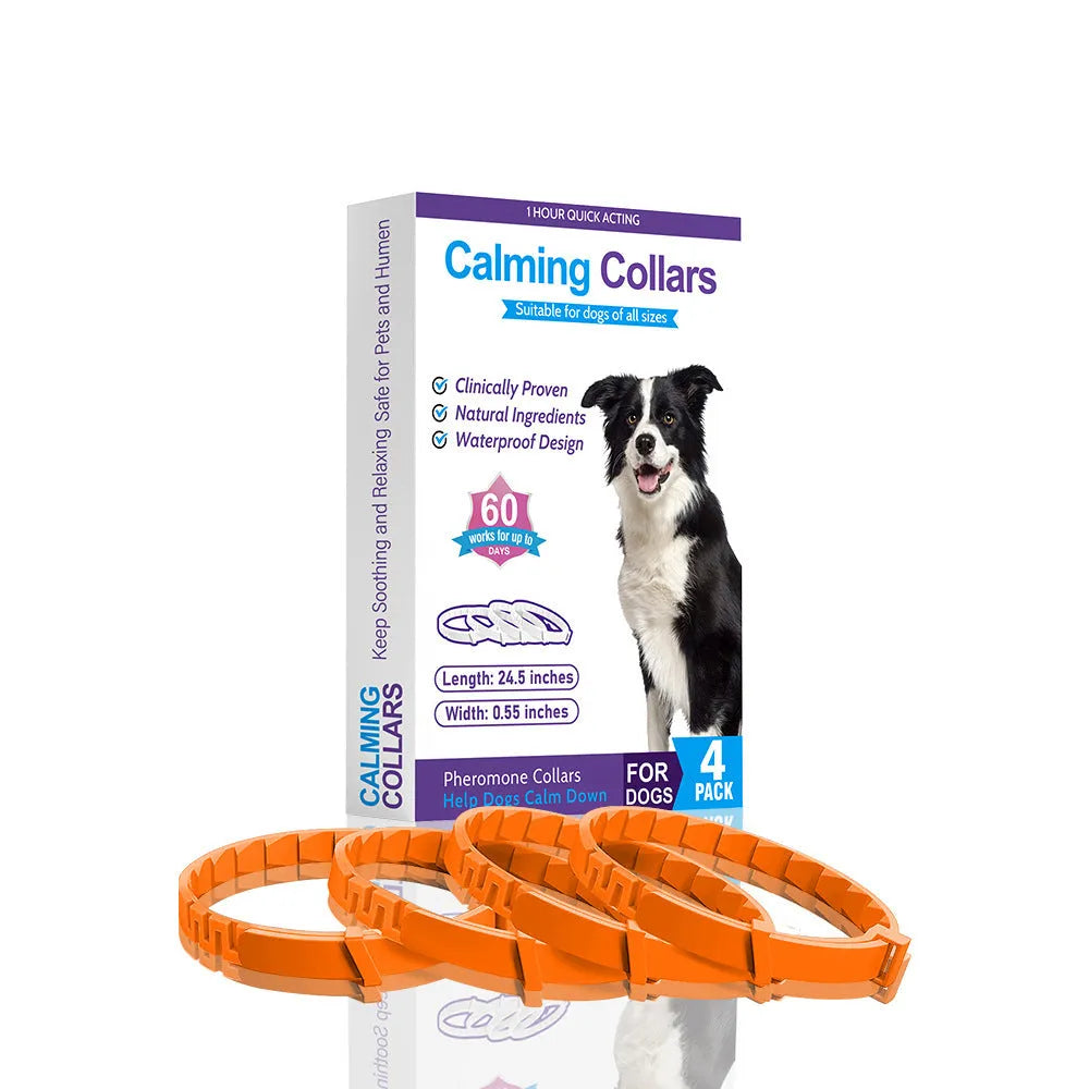 A pack of four solid-colour dog anxiety relief collars made from black, blue, grey, and pink TPR, each measuring 62cm.