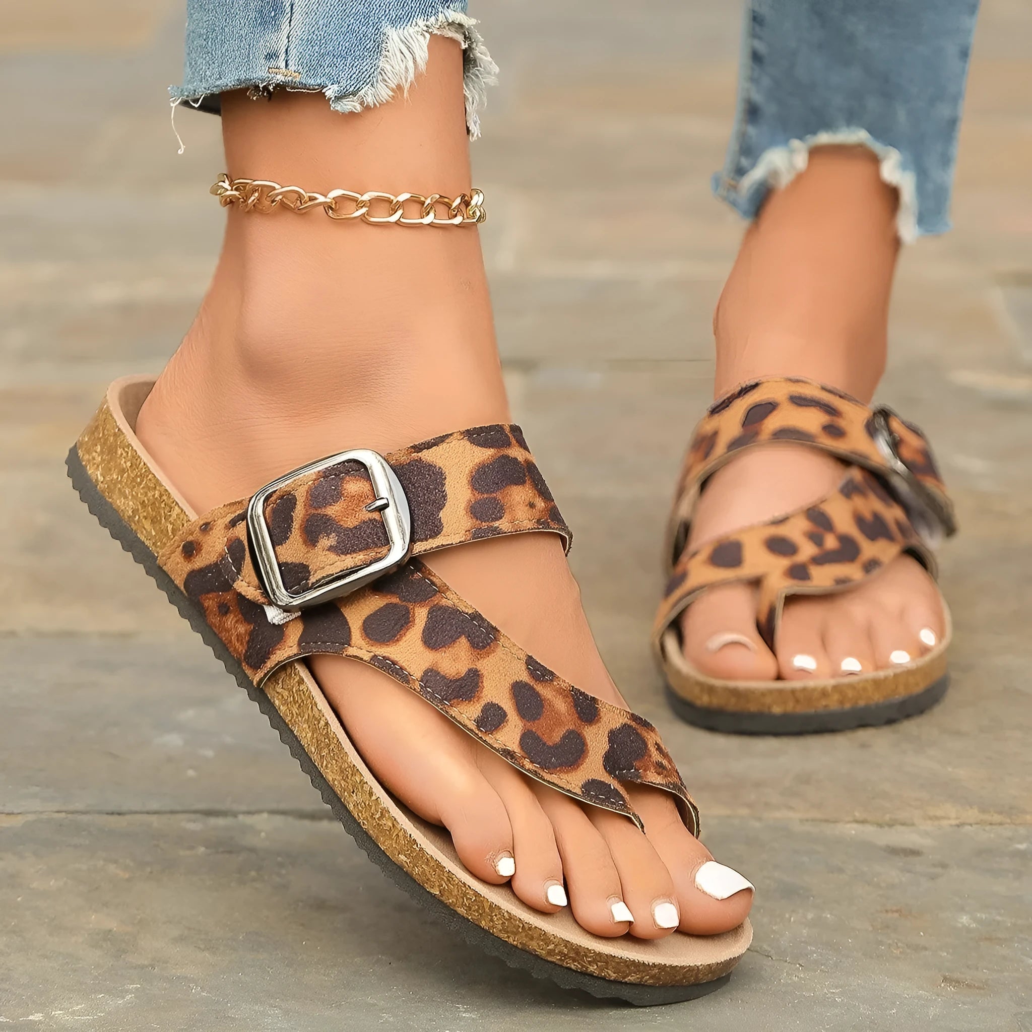 Women's leopard print Roman style slippers with round toe and wooden sole