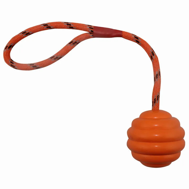 Rubber dog toy ball with rope knot in multiple colours including red, orange, yellow and blue