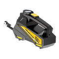 Black portable digital tyre inflator with LCD screen and LED light, connected to a car tyre valve.