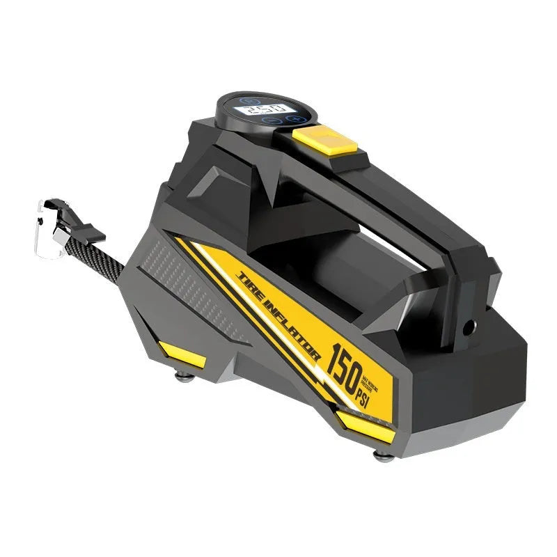 Black portable digital tyre inflator with LCD screen and LED light, connected to a car tyre valve.
