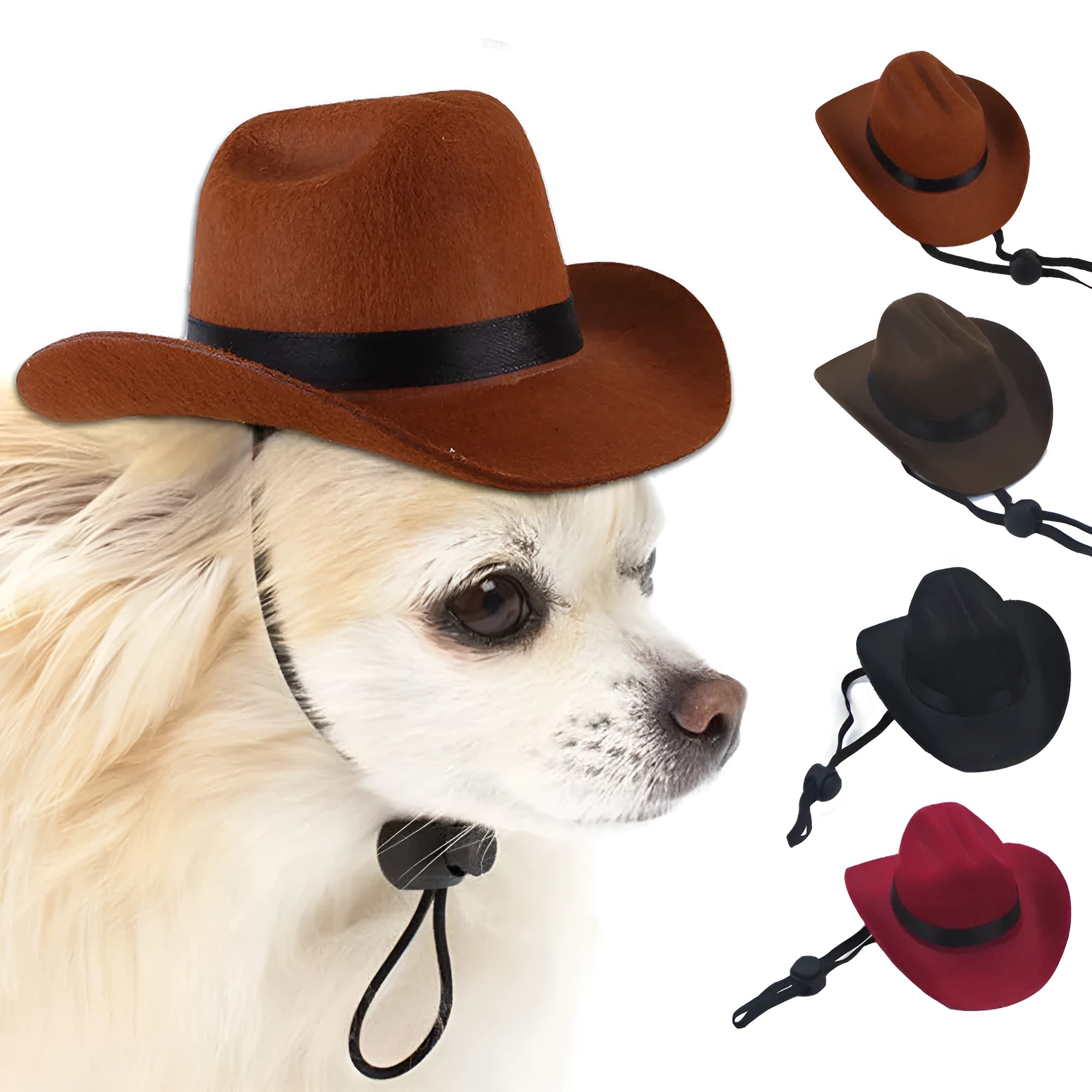 A brown adjustable cowboy hat for a dog or cat, shown on a pet mannequin head.