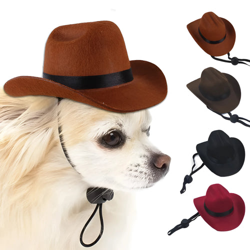 A brown adjustable cowboy hat for a dog or cat, shown on a pet mannequin head.