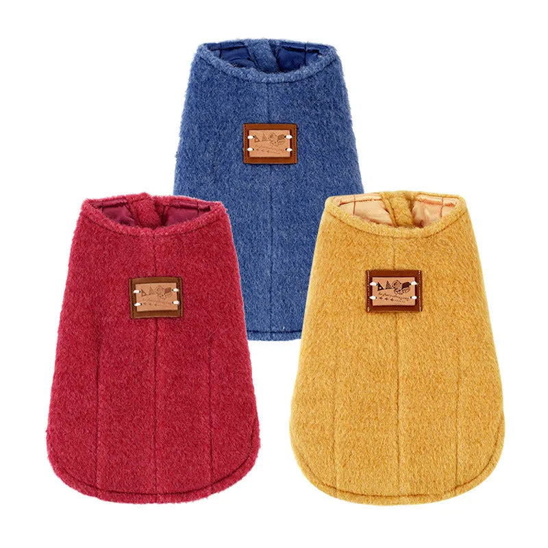 Small dog wearing a blue Korean-style cotton cashmere vest for autumn and winter.